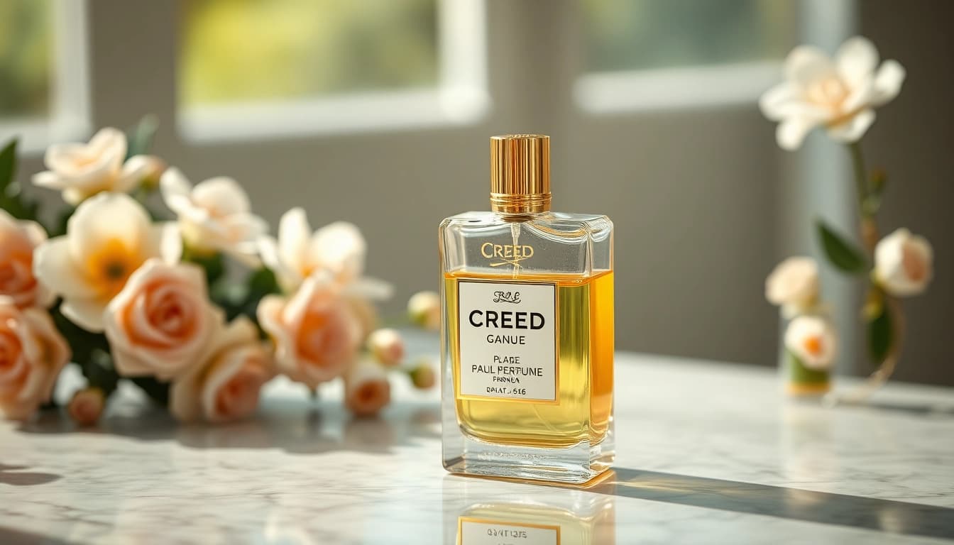 Discover a sophisticated Creed perfume dupe in an elegant close-up of a luxurious fragrance bottle.