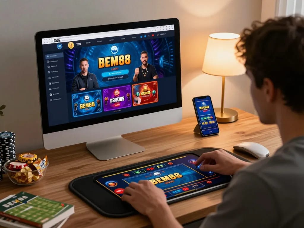 Engaging with live dealer game on BEM88 com using a tablet in a cozy home setting.