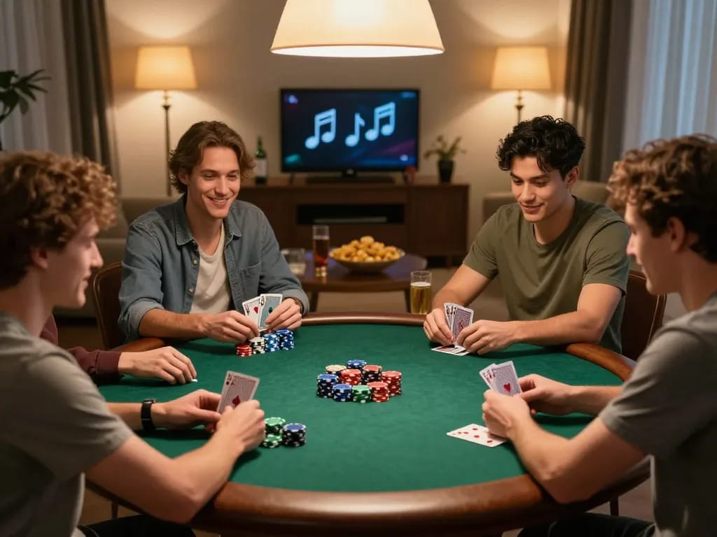 Engaging poker night scene with players enjoying Net88 at a friendly home gathering.