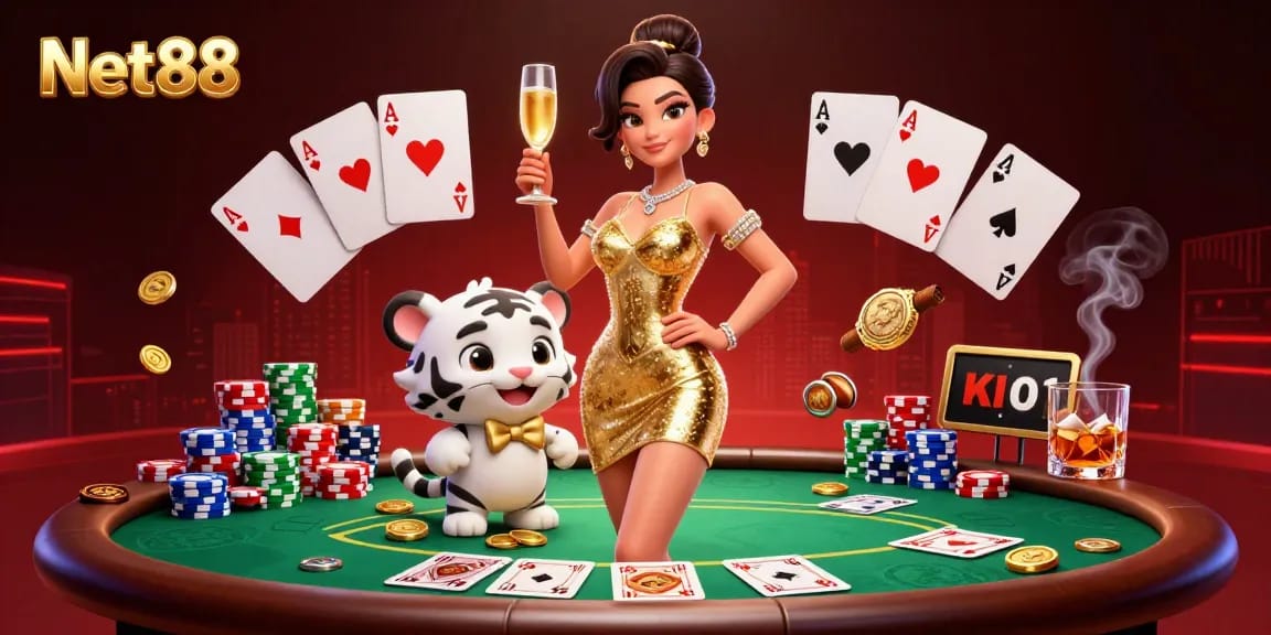 Experience thrilling wins at Net88 with a glamorous woman and a lucky tiger in a vibrant casino scene.