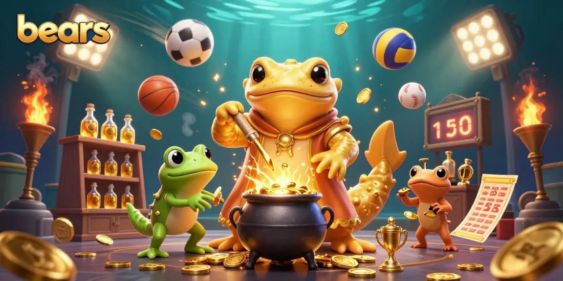 Bears promote sports betting excitement in a dynamic 3D casino illustration with golden coins and trophies.
