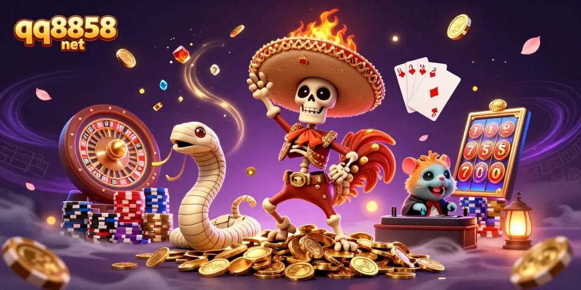 Immerse in the excitement of gambling with qq8858 net featuring a lively scene of animated characters surrounded by golden coins and casino elements.