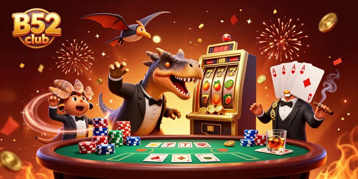 B52 club jackpot scene featuring a cartoon dinosaur interacting with a slot machine while coins fly.