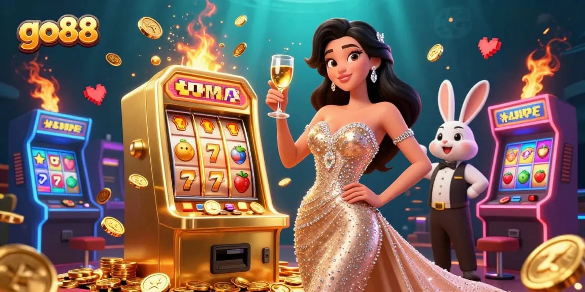 Experience the excitement of go88 with dynamic gaming elements surrounding a woman toasting and a jackpot slot machine.
