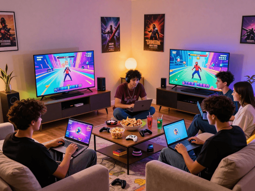 Group enjoying real porn games in a vibrant, cozy living room setup.