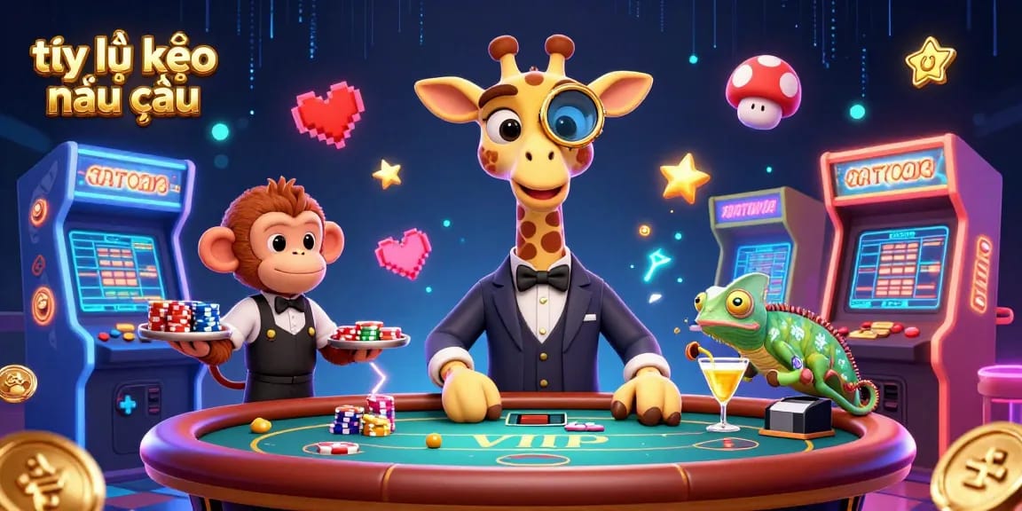 Bet on tỷ lệ kèo nhà cái with a high-roller giraffe and monkey valet at a vibrant casino.