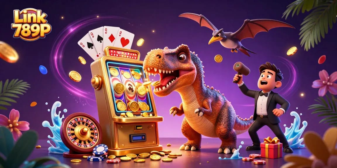 Experience excitement at Link 789P as a dinosaur interacts with a golden slot machine, celebrating big jackpots!