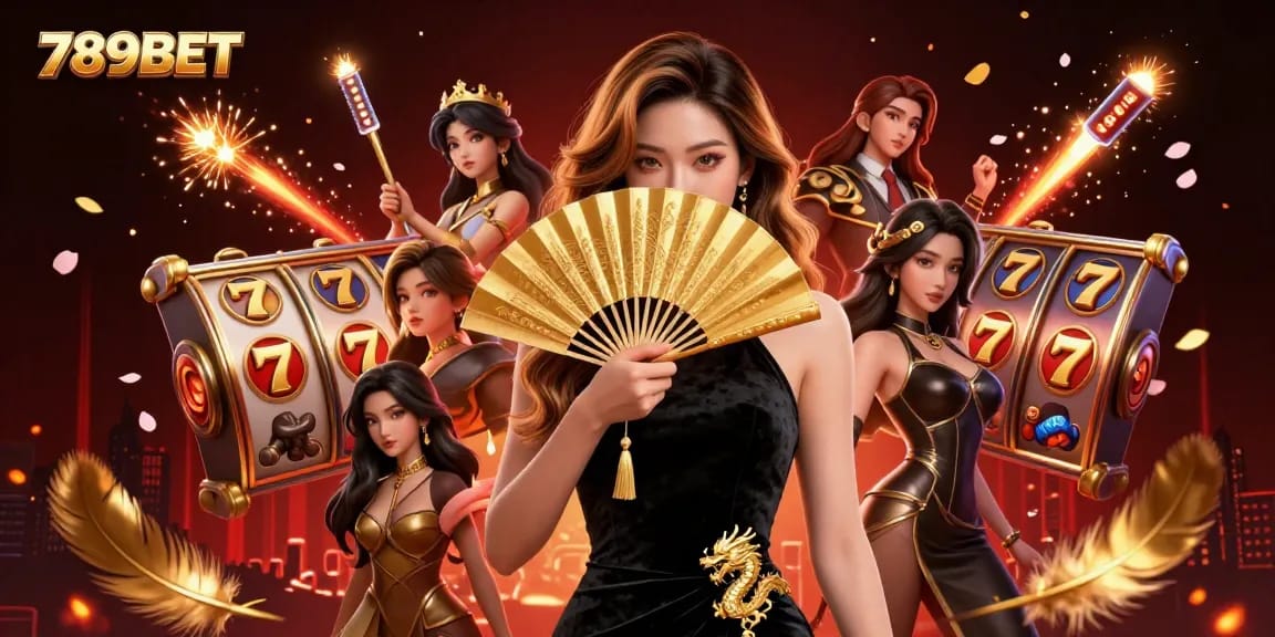 Experience vibrant gaming action with 789BET, featuring a stunning Asian woman amid slot reels and golden confetti.