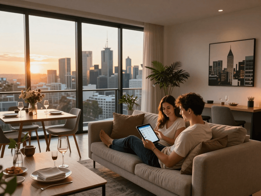 Best Airbnb managers in Melbourne managing stylish urban apartments with stunning city views, creating an inviting atmosphere for guests.