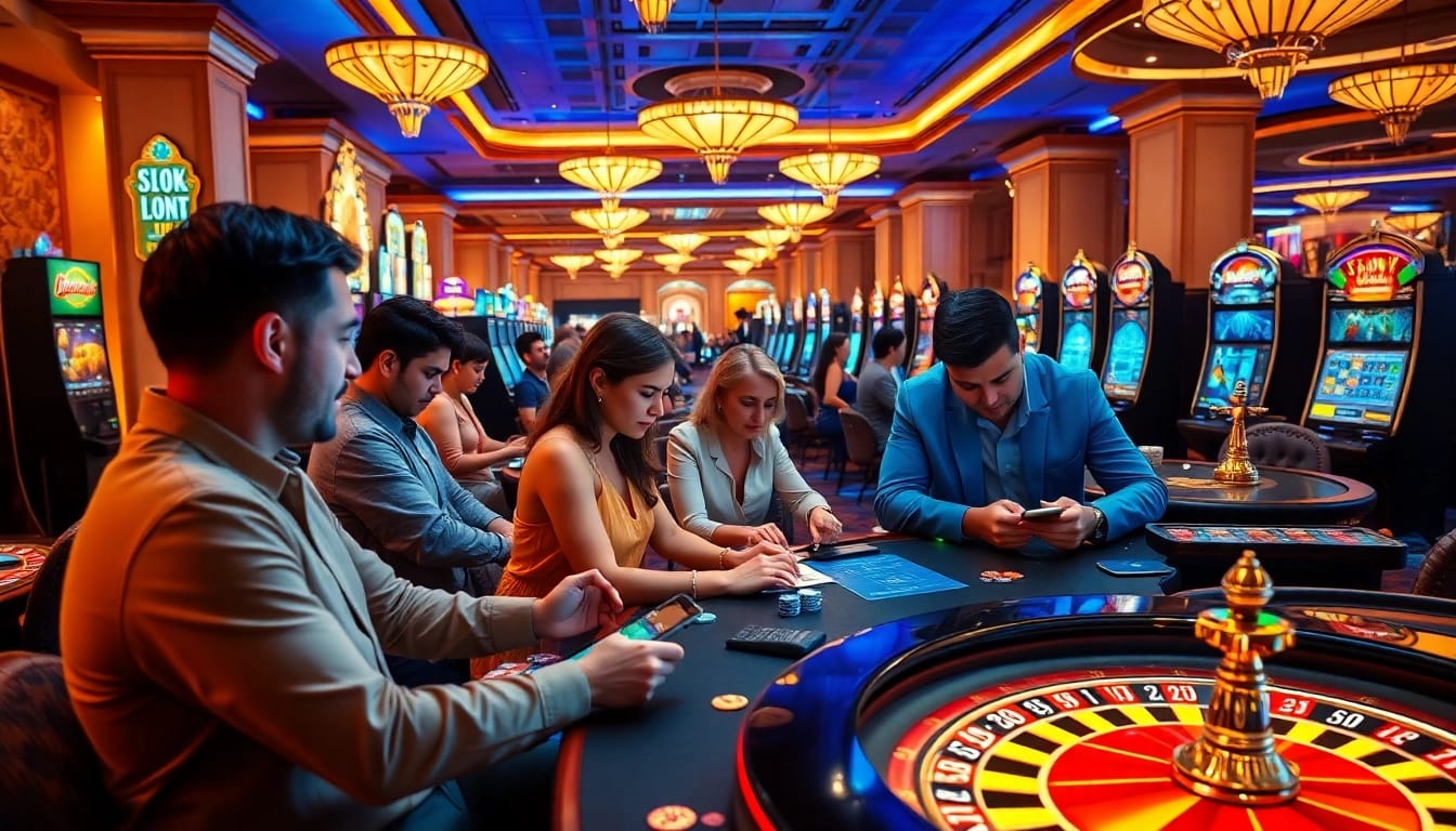 Nohu gambling experience in a luxurious casino environment with players engaging in slot machines and roulette.