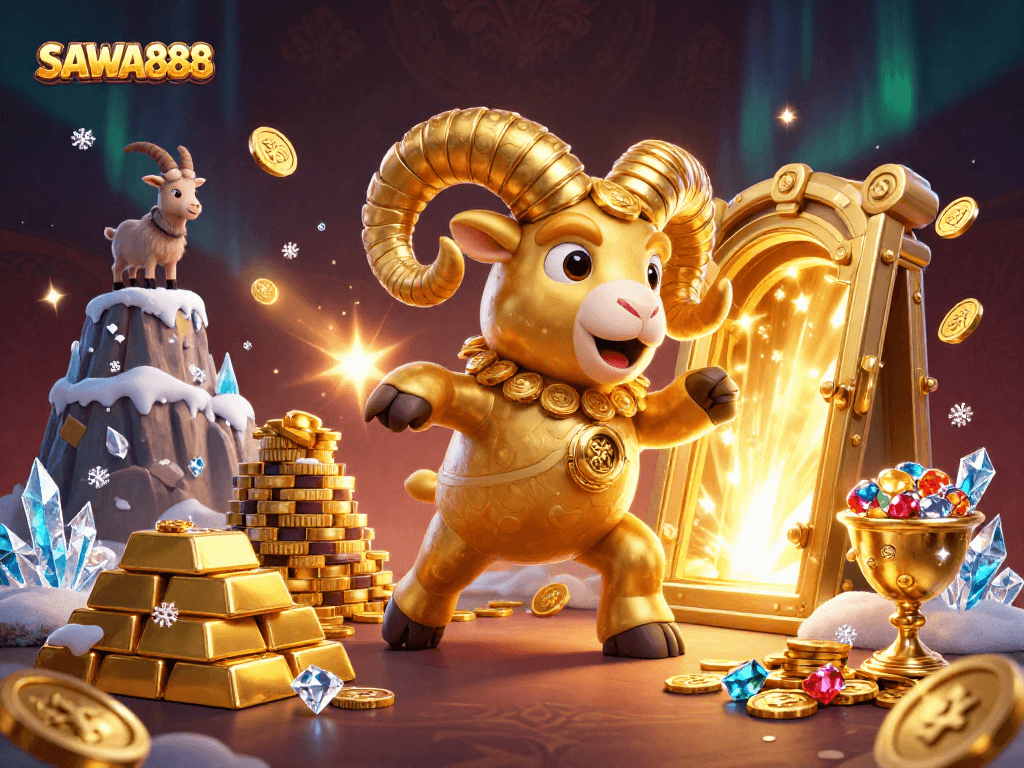 Experience SAWA888's thrilling slot action with vibrant golden ram illustration and dynamic casino elements.