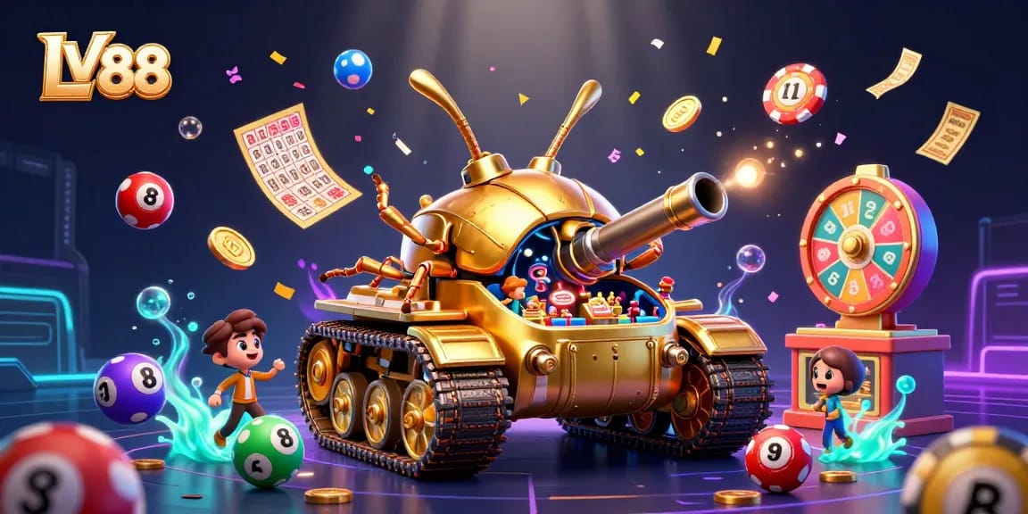 Engage with LV 88's vibrant casino environment featuring a dynamic golden beetle tank and colorful lottery elements.
