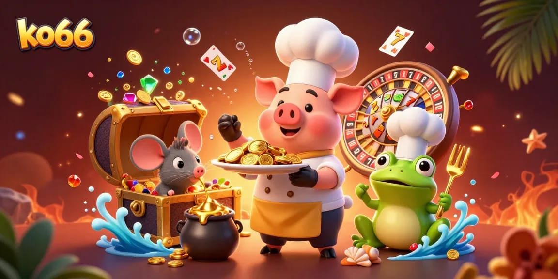 Experience thrilling games at ko66, featuring a chef pig serving golden coins in a vibrant 3D illustration.