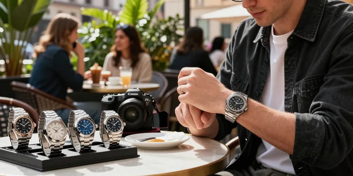 Person wearing super clone watches at a chic café, symbolizing luxury and style.