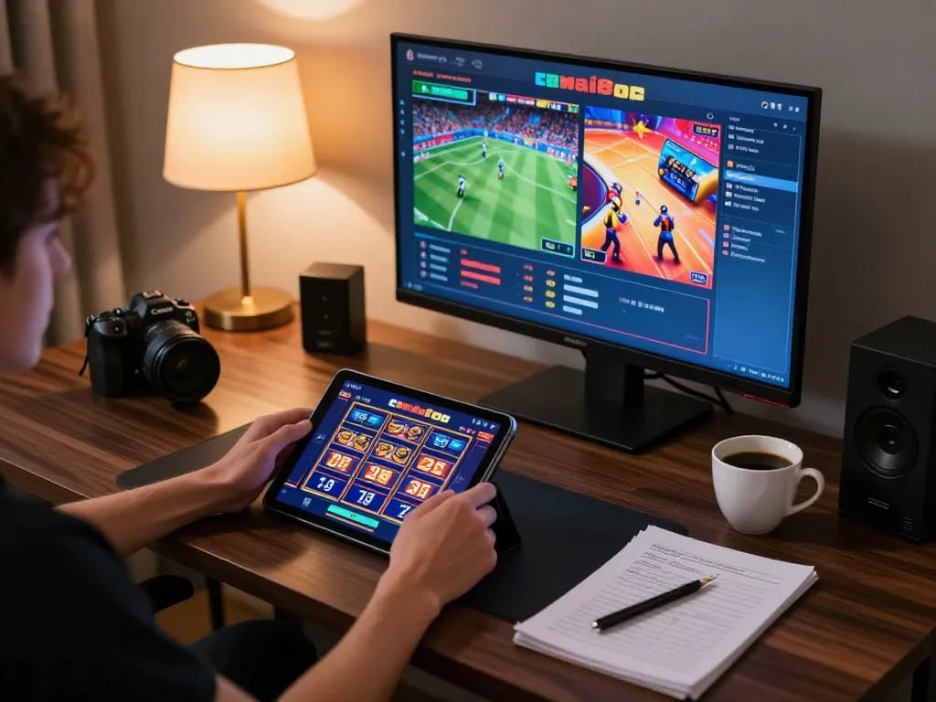 Play slots on CM88 platform with tablet in cozy home gaming setup featuring coffee and strategy notes.