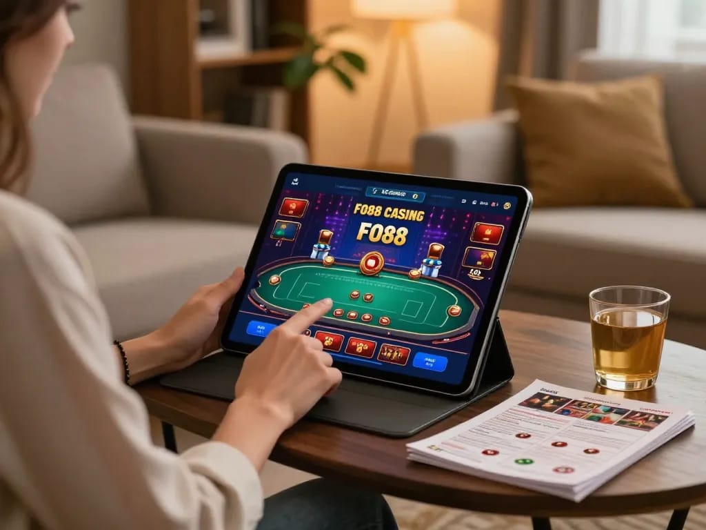 Player enjoying FO88 casino games on a tablet in a cozy home environment.