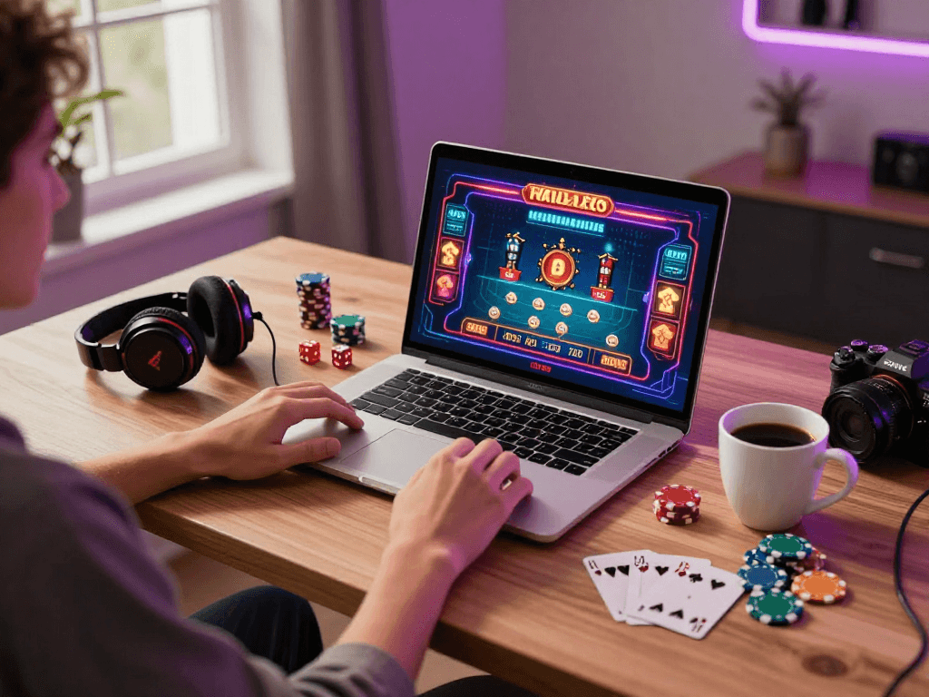 Engaging scene of a player enjoying US casinos for UK players on a cozy home desk with gaming accessories and casino graphics.