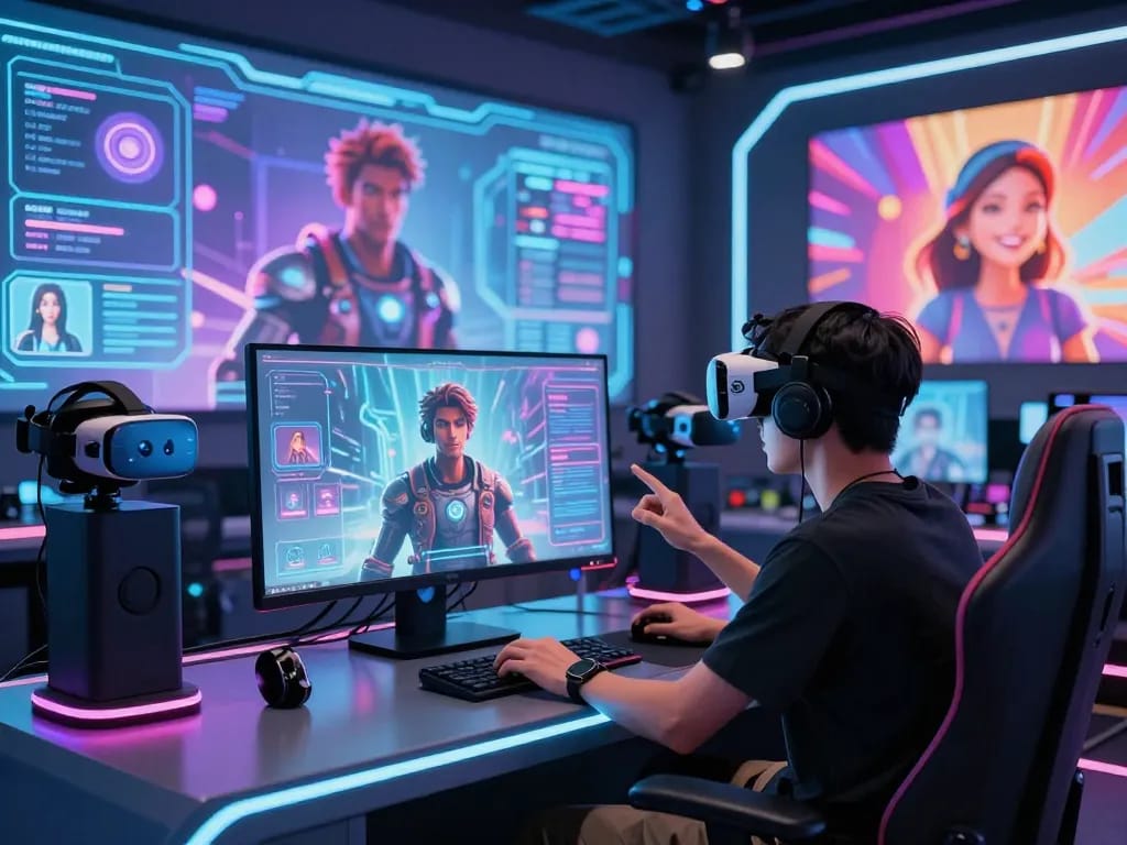 Engaging scene featuring nsfw character ai interactions at a futuristic gaming setup with vibrant digital displays.