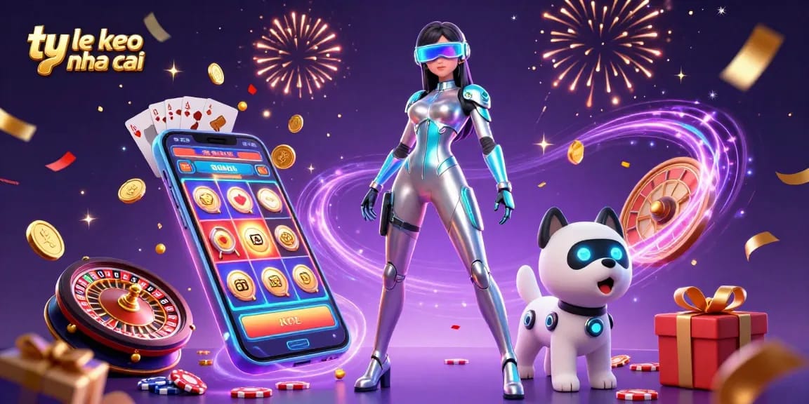 Experience ty le keo nha cai with a futuristic woman and robot dog in a vibrant casino scene filled with dynamic gaming elements.