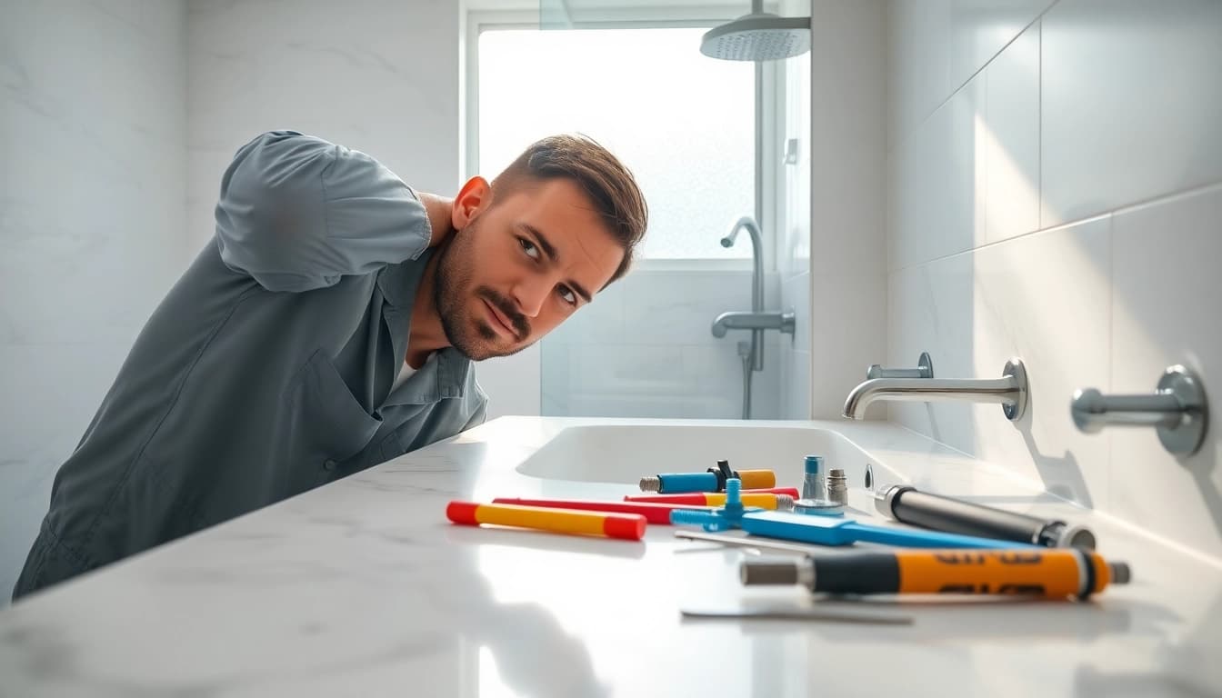 Fixing a shower not working in a stylish bathroom, showcasing expert plumbing skills.