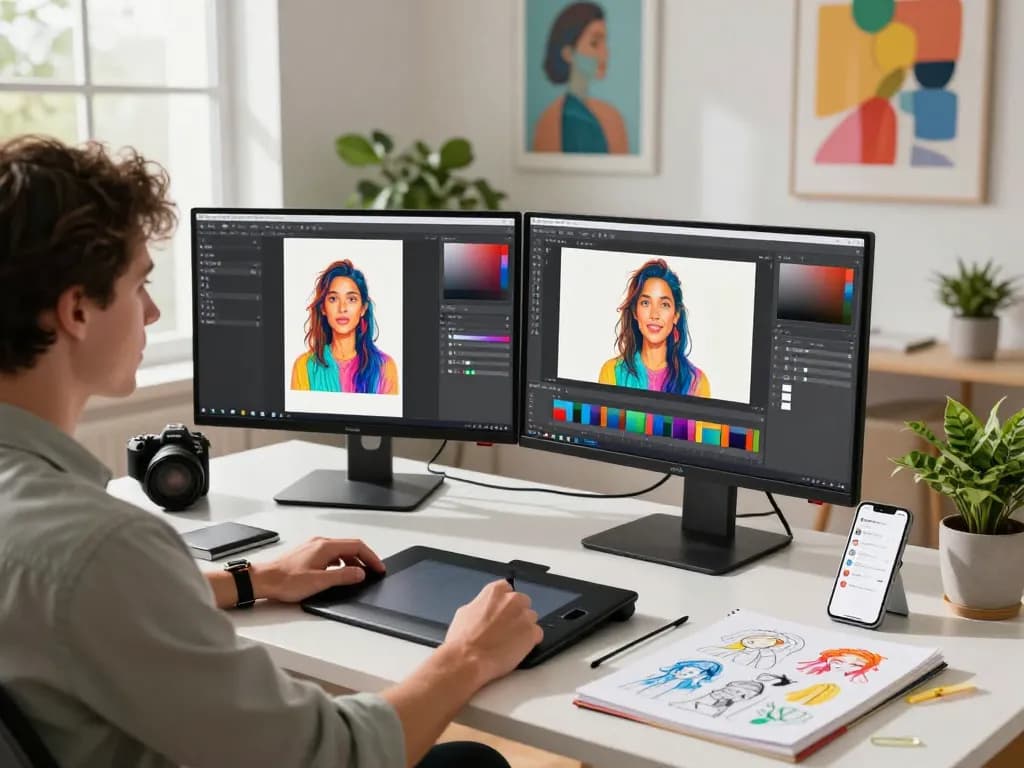 Designer using nano banana 2 software at a modern digital workspace, surrounded by design tools and artwork.