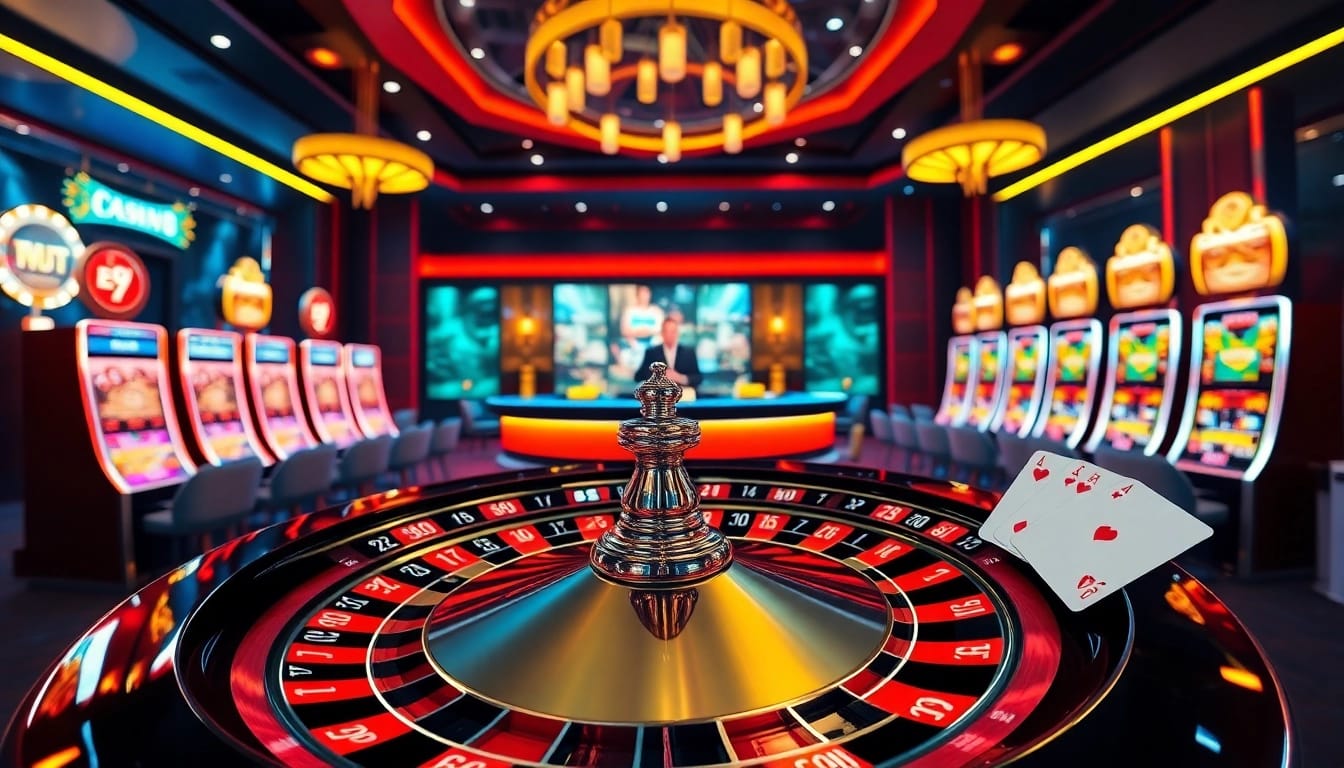 Engaging online gambling scene highlighting the excitement of https://9win1.online/ with roulette, poker chips, and bright slot machines.