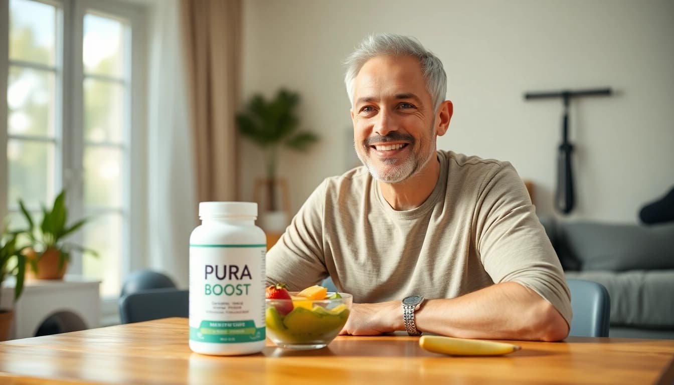 Mature man revitalized by Pura Boost showcasing wellness and confidence.