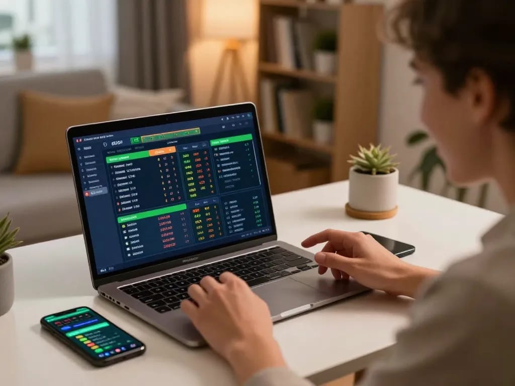 cm88 user excitedly interacts with online sports betting on laptop, showcasing live odds and strategies