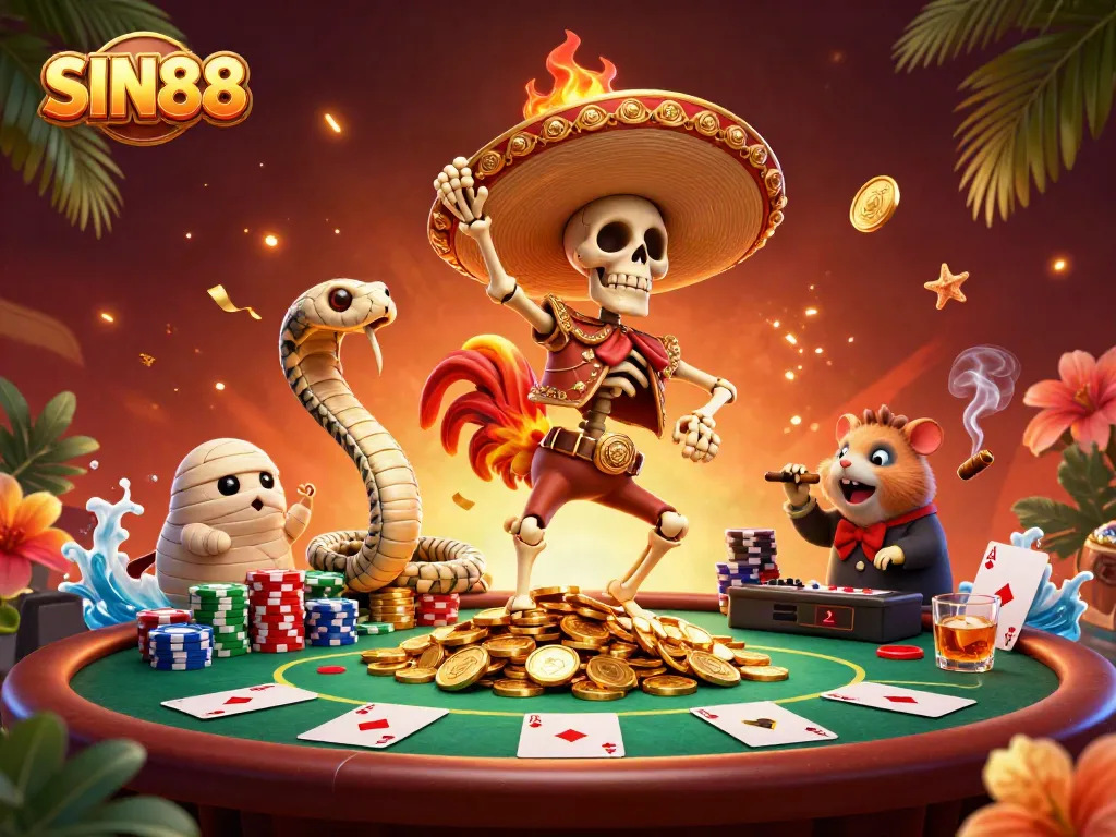 SIN88 online casino scene with energetic characters dancing atop golden coins while showcasing enticing poker elements.
