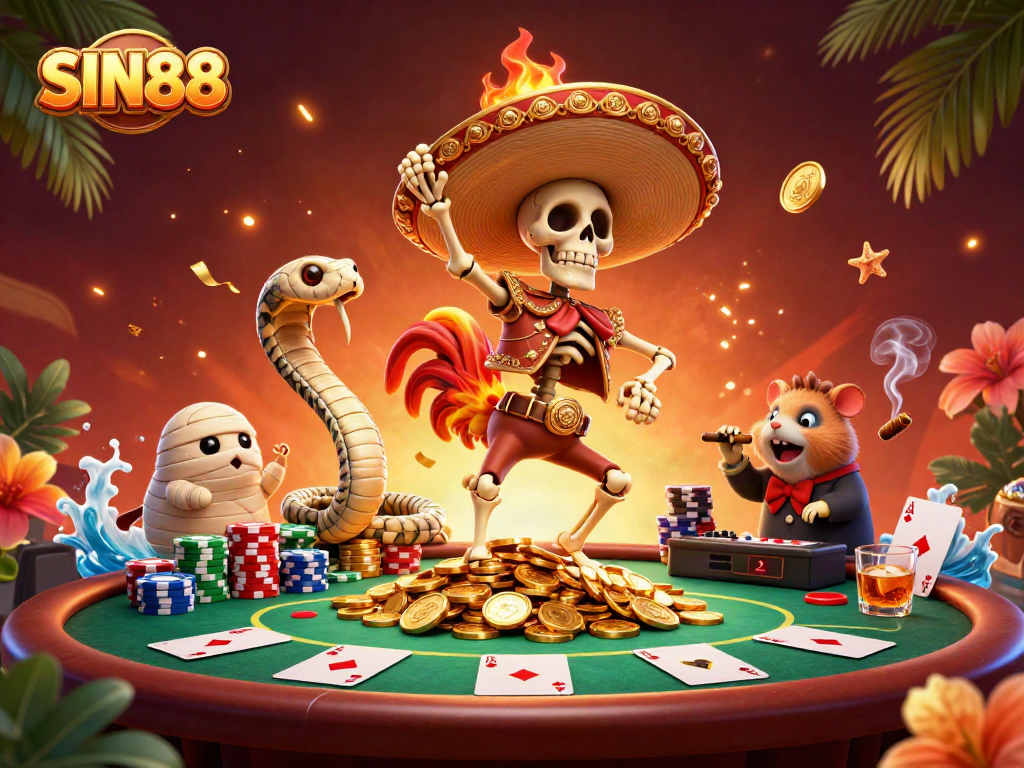 SIN88 online casino scene with energetic characters dancing atop golden coins while showcasing enticing poker elements.