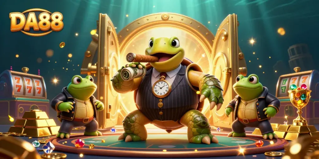 DA88 showcases a vibrant casino scene with a snapping turtle and bullfrog characters featuring slot reels and dynamic elements.