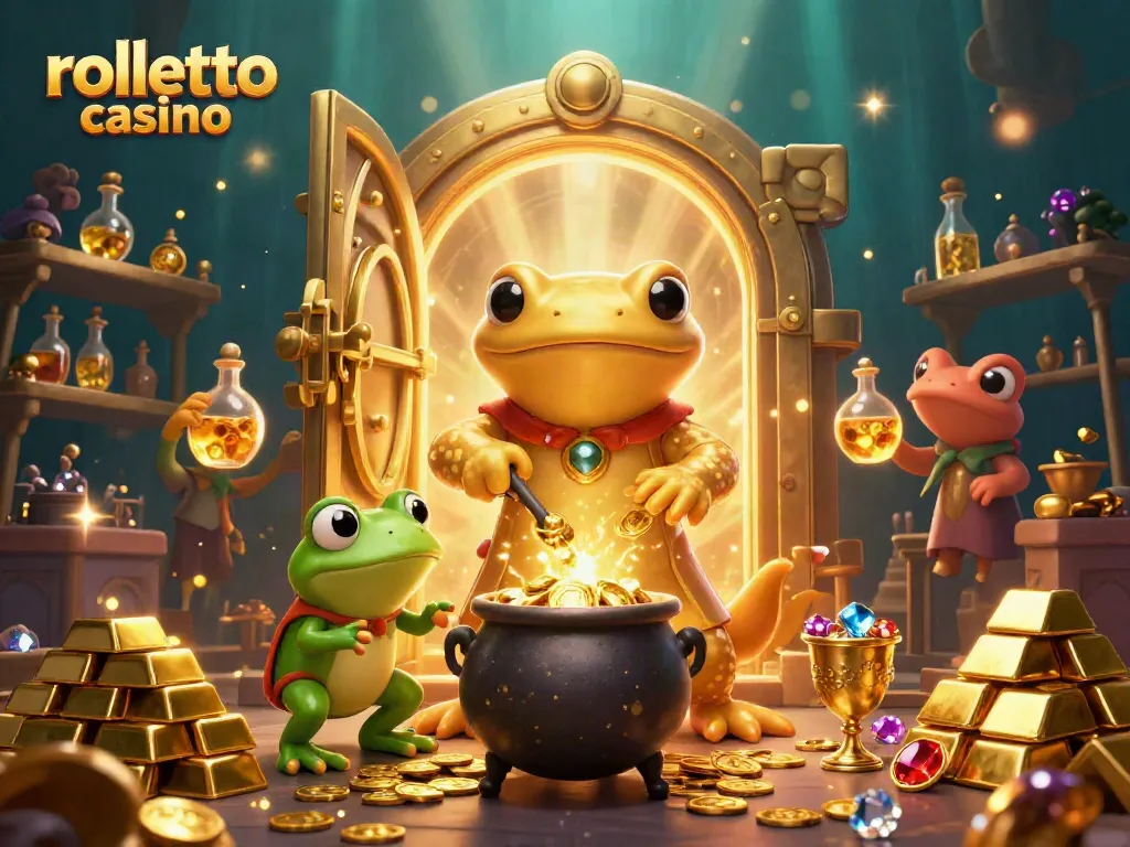 rolletto casino showcases a vibrant 3D scene featuring whimsical characters amidst gold and jewels.