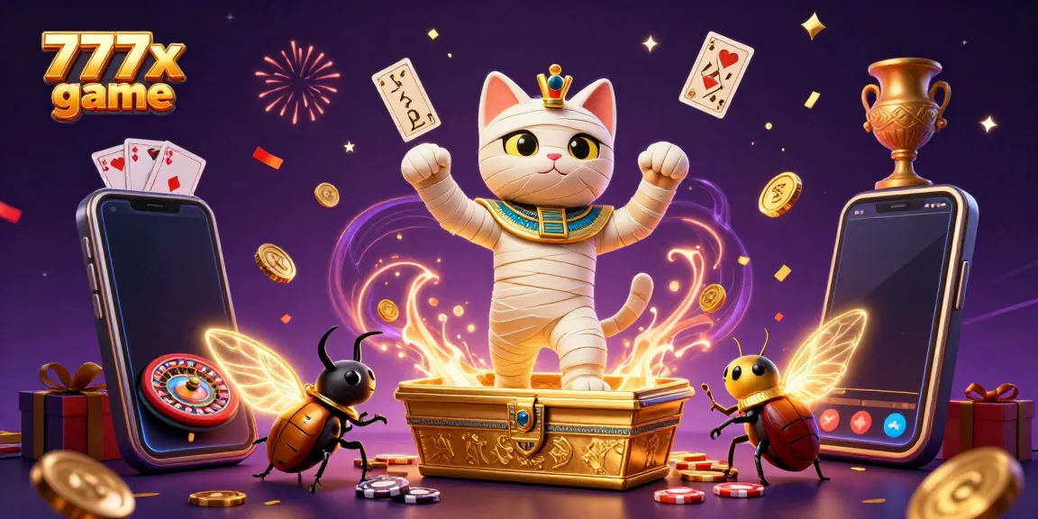 Experience the excitement of the 777x game with a cartoon mummy cat and scarab in a dynamic casino scene.
