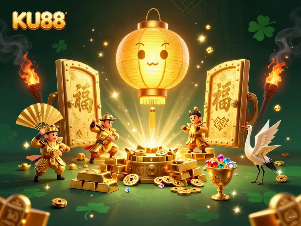 KU88 spirit illuminates a vibrant casino scene filled with treasures and winning symbols.