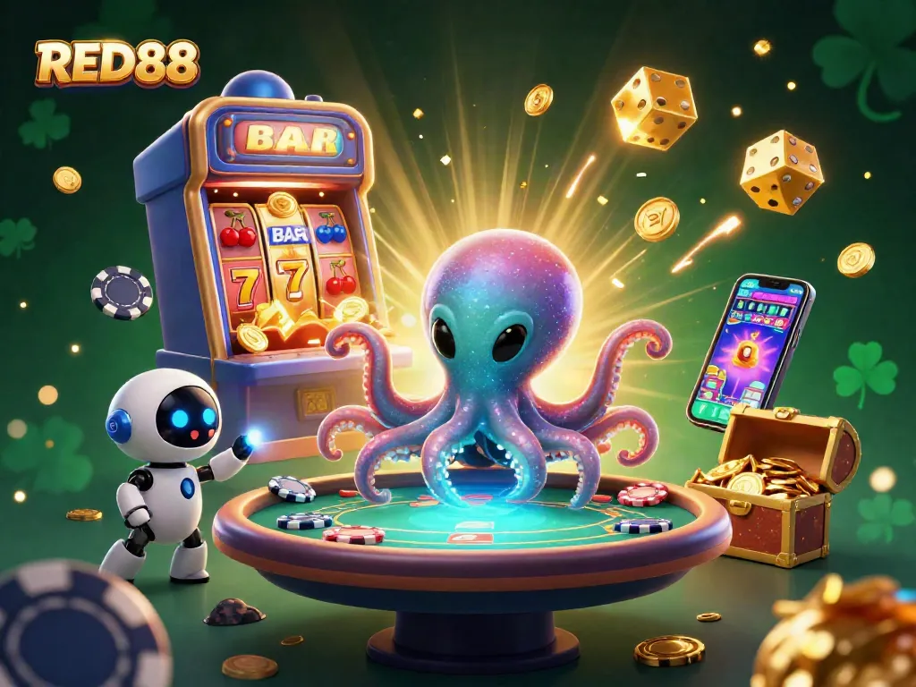 Join the excitement at RED88 with a 3D alien octopus dealing high-stakes poker amidst dazzling casino action.