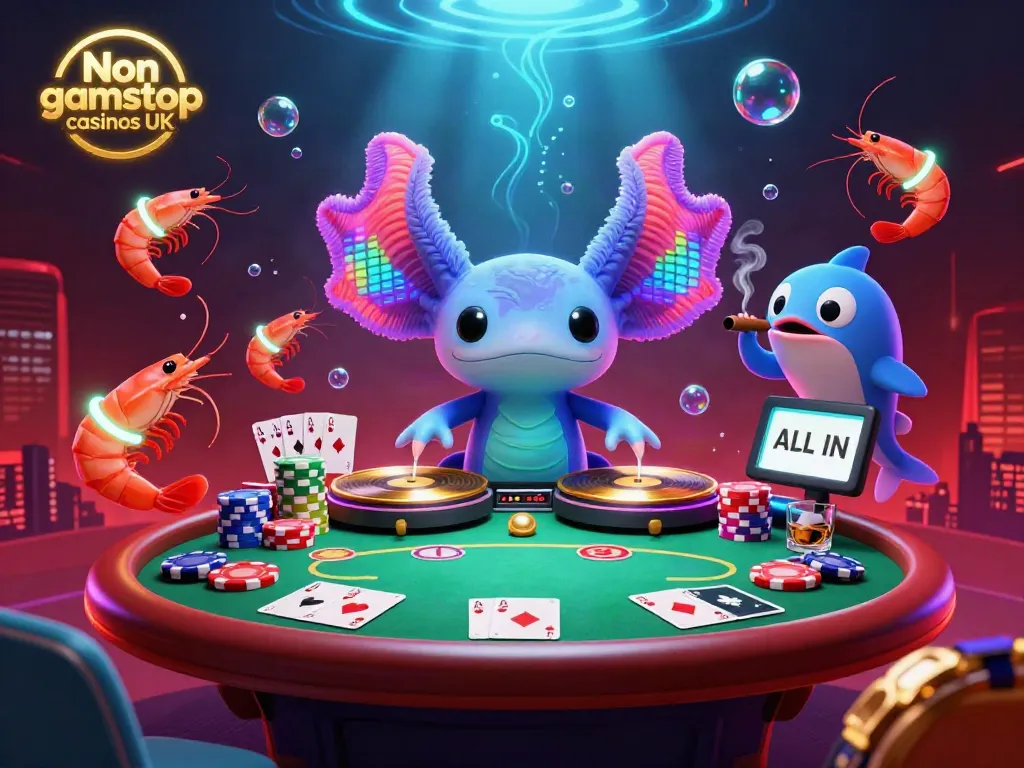 Experience the vibrant atmosphere of non gamstop casinos UK with our lively 3D illustration featuring an axolotl DJ and exciting gaming elements.