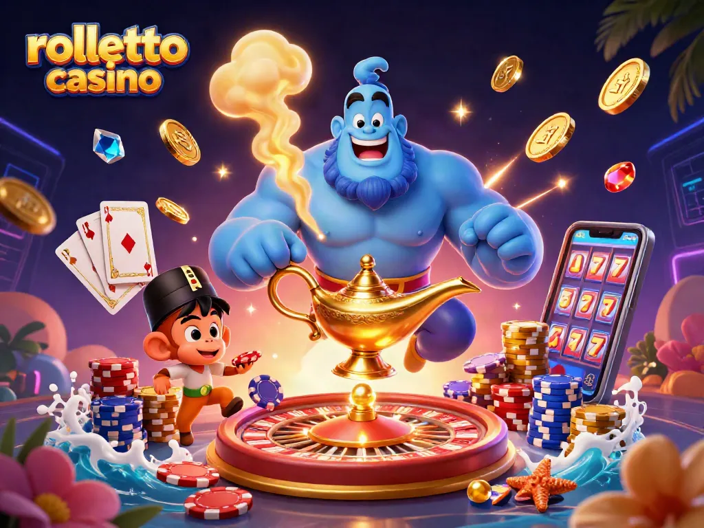 Experience rolletto casino's enchanting world with a genie and magic carpet amidst glittering games.