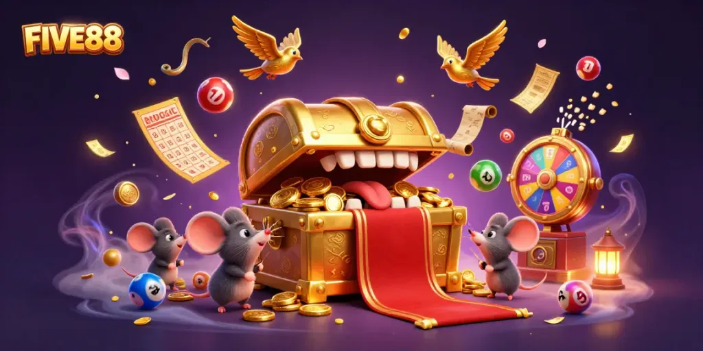 FIVE88 attracts adventurer mice to riches with a captivating treasure chest in a vibrant casino scene.