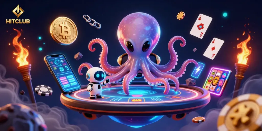 Engage with HITCLUB's thrilling holographic poker scene featuring an alien octopus and vibrant game elements.