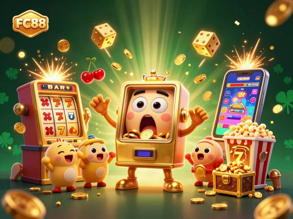 Experience the excitement at FC88 with a cheerful slot machine celebrating a jackpot amidst vibrant casino elements.