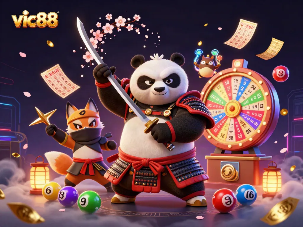Experience the excitement of vic88 with a vibrant 3D casino scene featuring samurai panda, ninja fox, and magical tanuki.