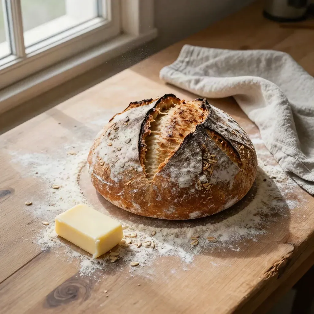 Seeded farmhouse loaf with butter, linen cloth and flour-dusted peel in a bakehouse