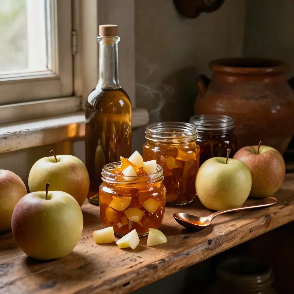 Amber chutney jars with apples and a vinegar bottle on a rustic pantry shelf