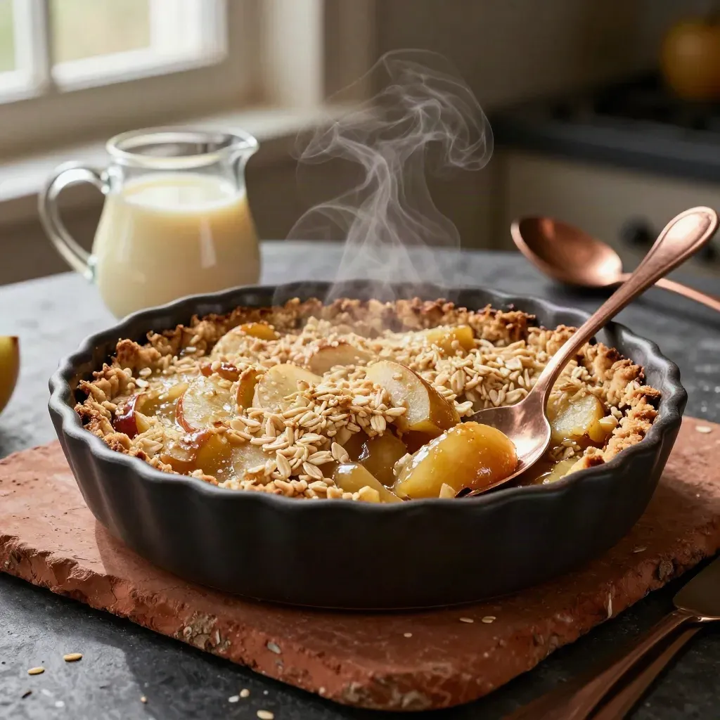 Bramley apple crumble split open beside custard and a copper spoon, steam rising.