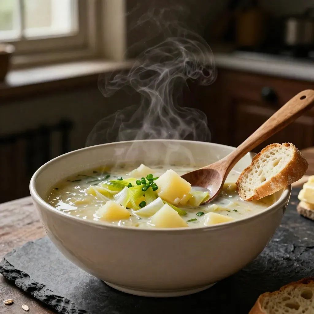 Cream bowl of leek and potato soup with chives, rough spoon and buttered bread, shot low in moody light.