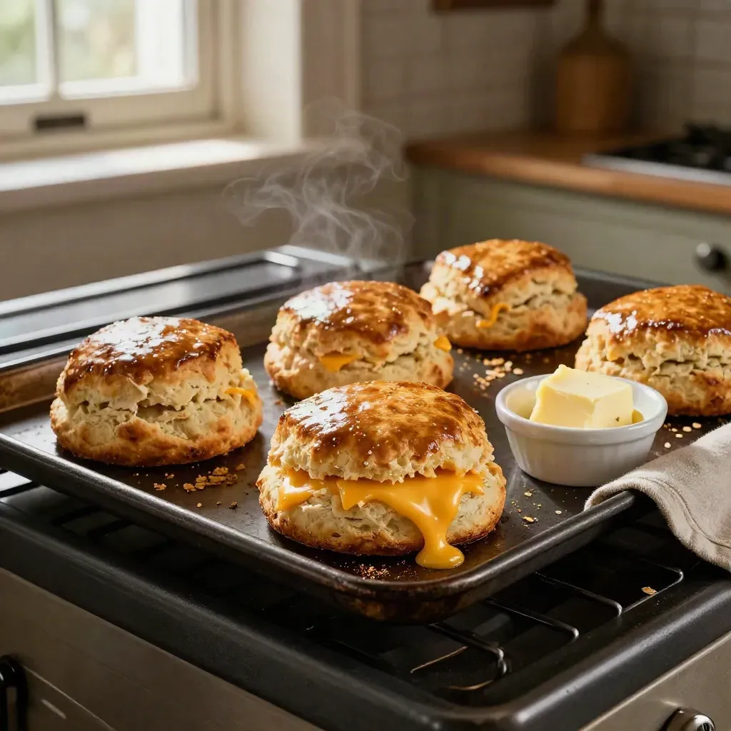 Hot cheese scones on a tray with a butter dish, steaming in a rustic kitchen