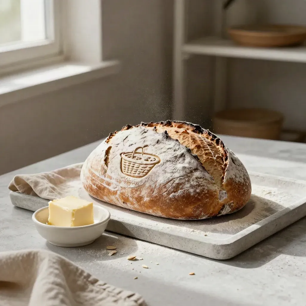 Flour-dusted loaf in banneton, butter dish and linen on a pale stone tray
