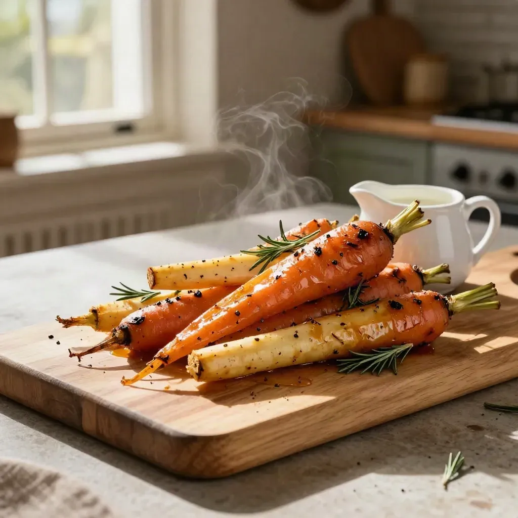 Roasted carrots, parsnips and gravy boat on a board, steaming in a country kitchen.
