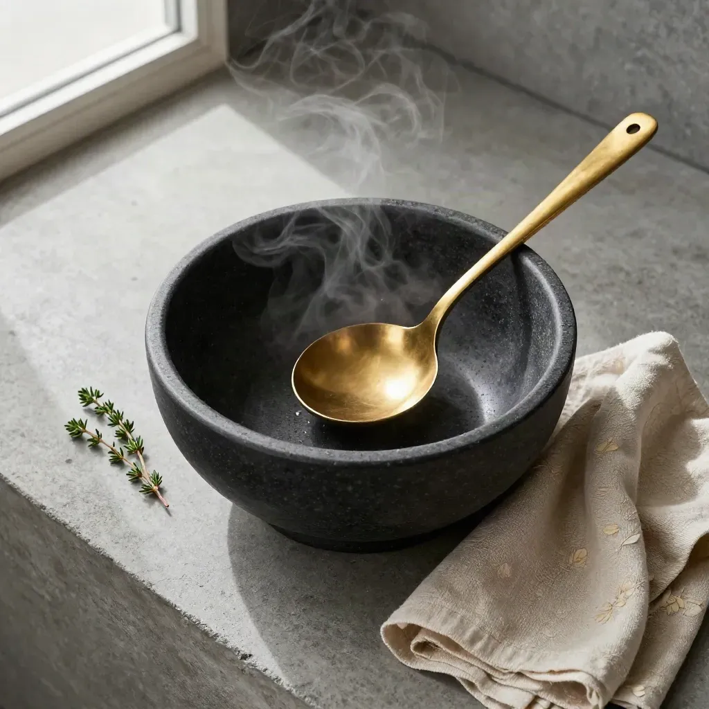 Overhead stoneware soup bowl with brass ladle, thyme and linen on concrete, steam rising.