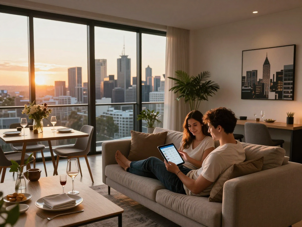 Best Airbnb managers in Melbourne managing stylish urban apartments with stunning city views, creating an inviting atmosphere for guests.